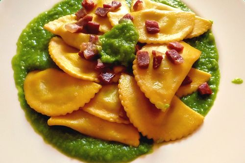 Ravioli with Peas and Prosciutto